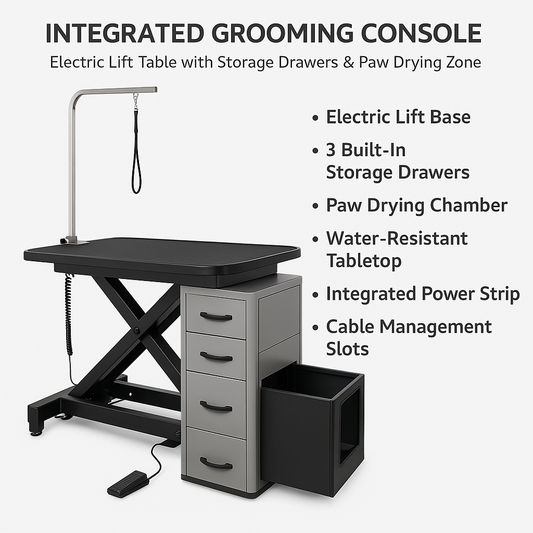 Integrated Grooming Console – Electric Lift Table with Storage Drawers & Paw Drying Zone